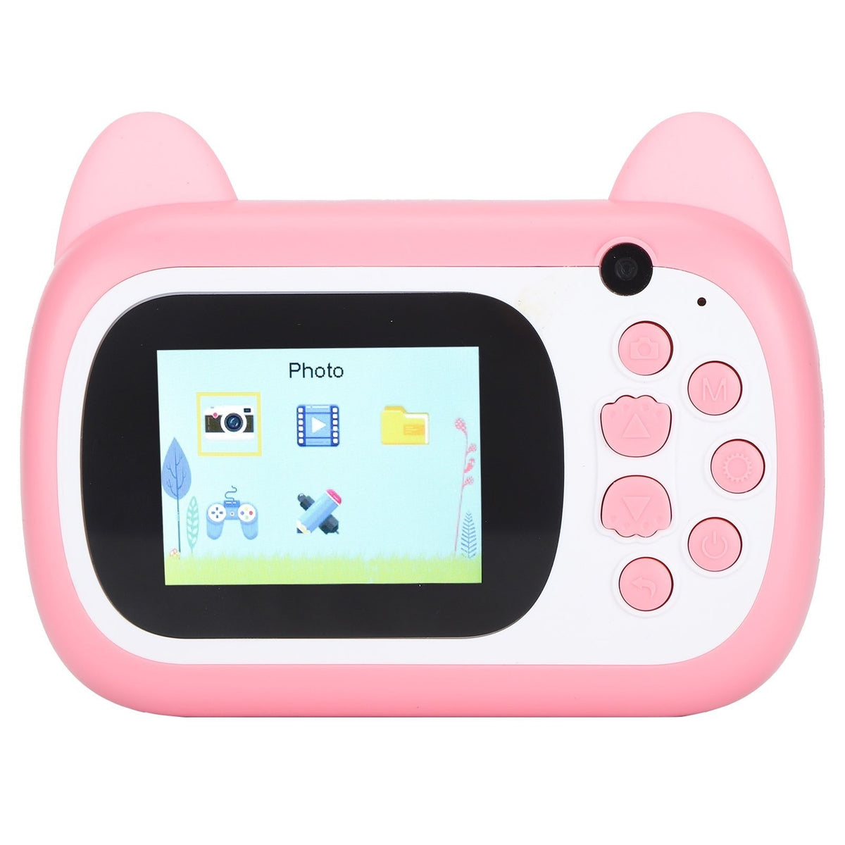 Camera Instantanee pentru Copii, Foto si Video Full HD 1080P, Selfie, Functie Imprimare Termica, Bluetooth, Compatibil iOS si Android, Control APP, Model Pisica Smiley Face, ABS si Silicon, Roz