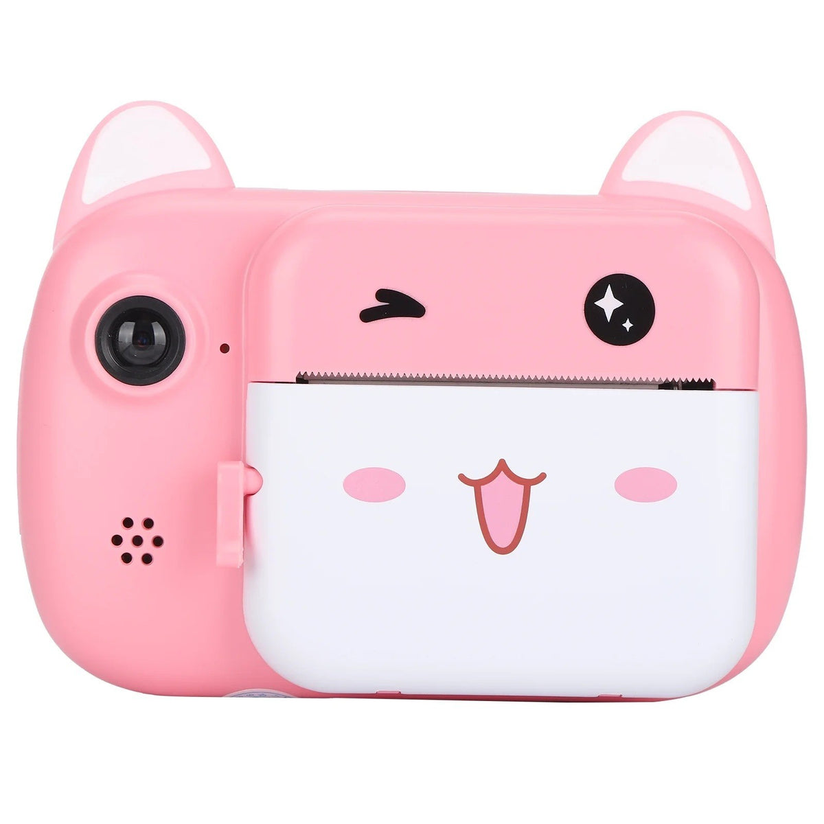 Camera Instantanee pentru Copii, Foto si Video Full HD 1080P, Selfie, Functie Imprimare Termica, Bluetooth, Compatibil iOS si Android, Control APP, Model Pisica Smiley Face, ABS si Silicon, Roz