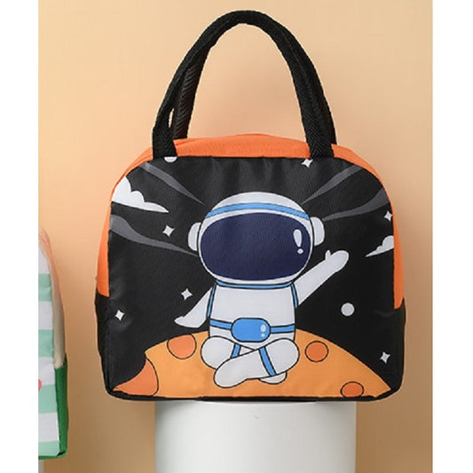 Geanta Termoizolanta pentru Copii, Geanta de Pranz cu Imprimeu Astronaut, Izolatie Termica 3 Straturi, Panza Oxford si Folie Aluminiu, 23 x 13 x 19 cm, Negru/Portocaliu
