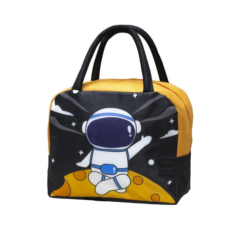 Geanta Termoizolanta pentru Copii, Geanta de Pranz cu Imprimeu Astronaut, Izolatie Termica 3 Straturi, Panza Oxford si Folie Aluminiu, 23 x 13 x 19 cm, Negru/Portocaliu