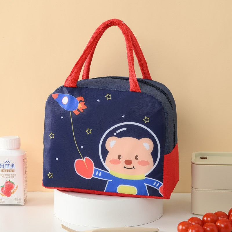 Geanta Termoizolanta pentru Copii, Caserola Pranz cu Izolatie Termica, Model Ursulet Astronaut, Panza Oxford si Folie Aluminiu, 23x13x19 cm, Albastru/Rosu