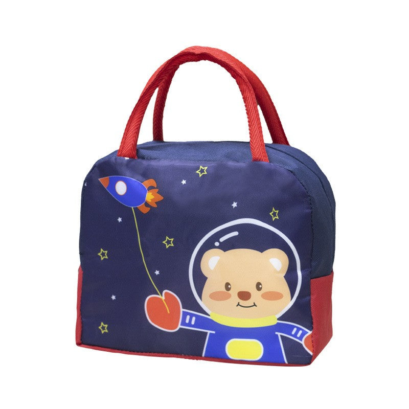 Geanta Termoizolanta pentru Copii, Caserola Pranz cu Izolatie Termica, Model Ursulet Astronaut, Panza Oxford si Folie Aluminiu, 23x13x19 cm, Albastru/Rosu