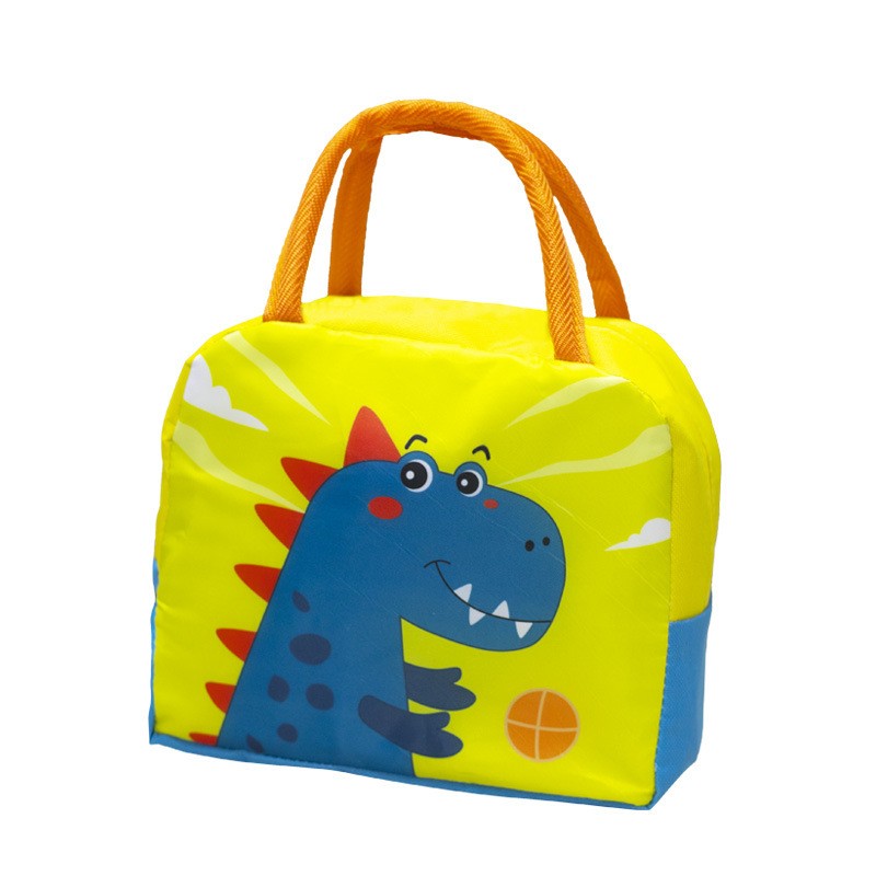 Geanta Termoizolanta pentru Pranz Copii, Imprimeu Dinozaur, Panza Oxford si Folie Aluminiu, Rezistenta la Apa, Albastru/Galben, 23x13x19 cm