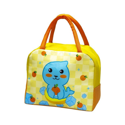 Geanta Termoizolanta pentru Copii, Model Imprimeu Foca, Izolatie Termica 3 Straturi, Panza Oxford si Folie Aluminiu, 23x13x19 cm, Galben/Portocaliu