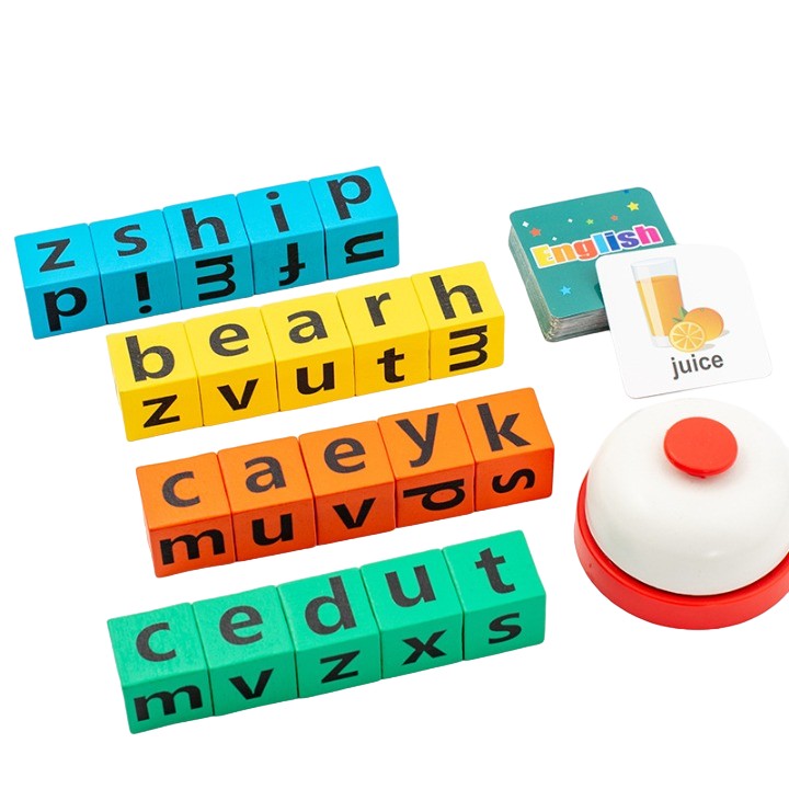 Joc Educativ de Formare Cuvinte, Blocuri din Lemn cu Cartonas Animale si Clopotel, Joc Interactiv de Grup pentru 4 Persoane, 3 Ani+, 28x15.5x5 cm, Multicolor