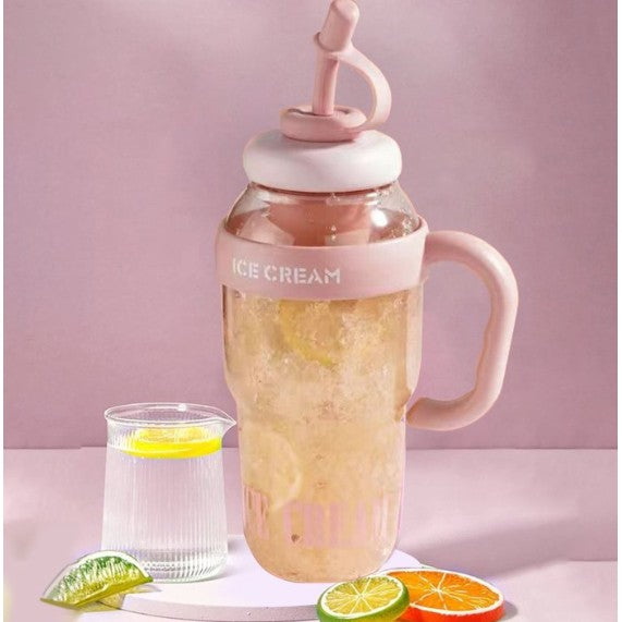 Sticla de Apa Reutilizabila, Bidon Hidratare cu Pai si Capac Etans, Maner Transport, Plastic Transparent si Silicon, 1400 ml, Roz Deschis