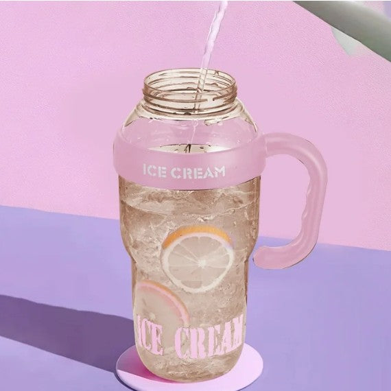 Sticla de Apa Reutilizabila, Bidon Hidratare cu Pai si Capac Etans, Maner Transport, Plastic Transparent si Silicon, 1400 ml, Roz Deschis