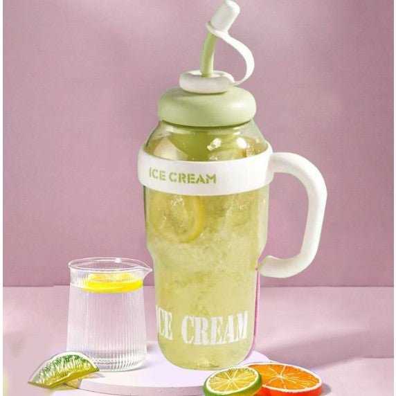 Sticla de Apa Reutilizabila cu Pai si Capac Etans, Recipient Transparent pentru Hidratare cu Maner, PP si Silicon, 1400 ml, Verde/Alb, 25.5x7.5 cm