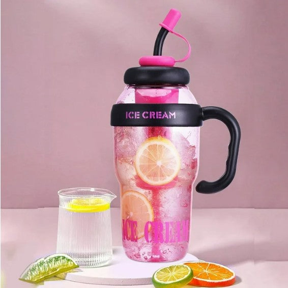 Sticla de Apa Termica, Recipient Hidratare cu Pai si Maner, Plastic PP si Silicon, Capacitate 1400 ml, Roz