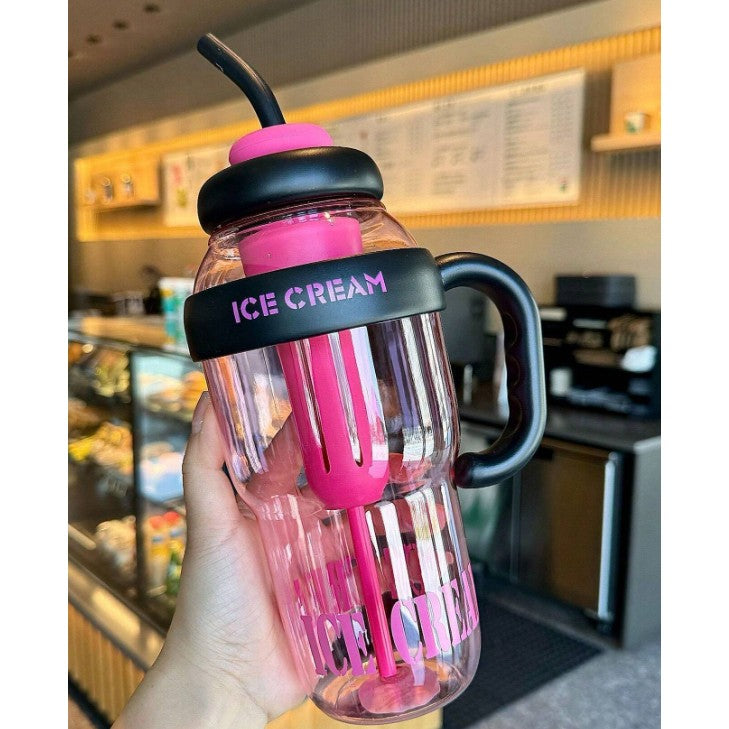 Sticla de Apa Termica, Recipient Hidratare cu Pai si Maner, Plastic PP si Silicon, Capacitate 1400 ml, Roz