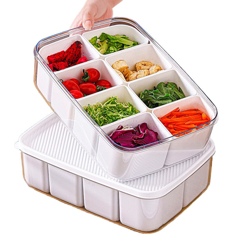 Cutie Depozitare Alimente cu 8 Compartimente Detasabile si Capac Ermetic, Organizator Frigider si Congelator, Material PET si PP, 29 x 20 x 9 cm, Alb/Transparent