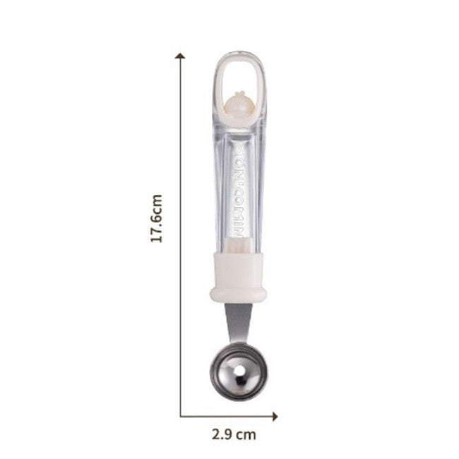 Lingura pentru Bile de Fructe si Pepene, Ustensila Multifunctionala pentru Sculptat cu Maner Antiderapant si Orificiu de Aerisire, Plastic si Otel Inoxidabil, 17.6 x 2.9 cm, Bej