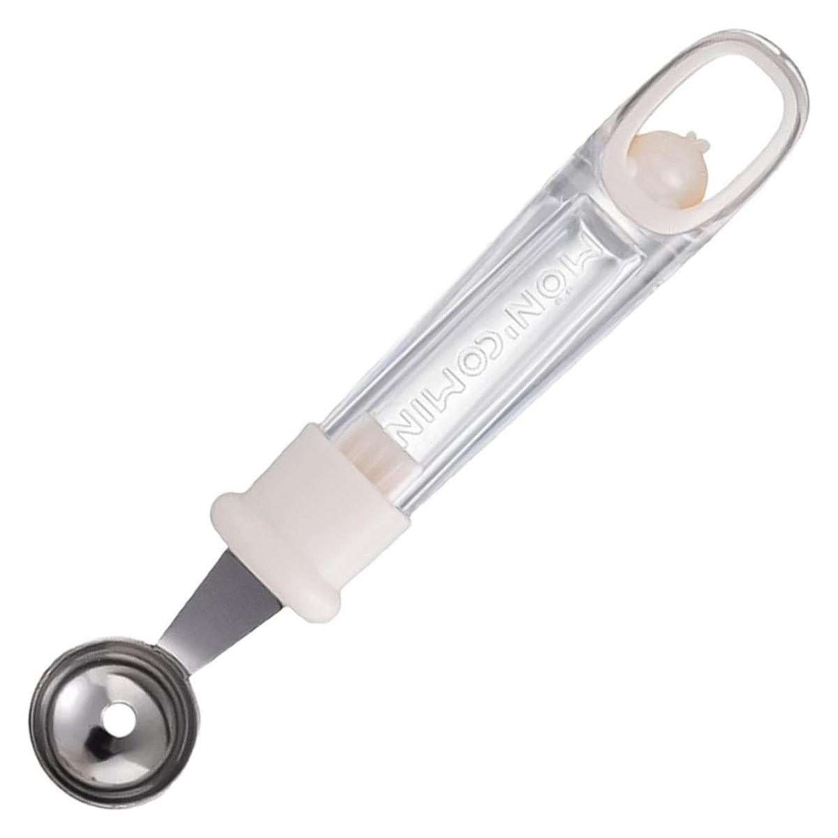 Lingura pentru Bile de Fructe si Pepene, Ustensila Multifunctionala pentru Sculptat cu Maner Antiderapant si Orificiu de Aerisire, Plastic si Otel Inoxidabil, 17.6 x 2.9 cm, Bej