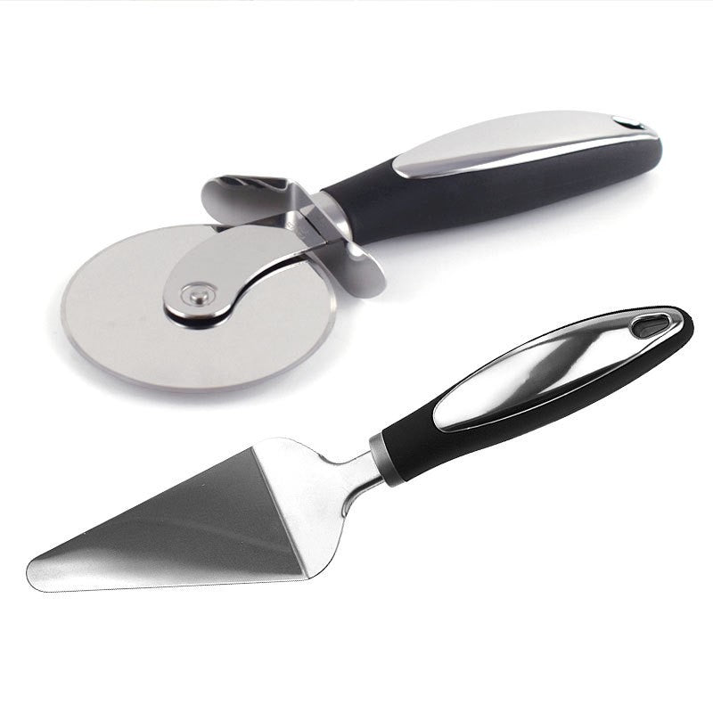 Set 2 Ustensile Pizza cu Feliator si Lopatica, Otel Inoxidabil, Maner Antiderapant Ergonomic, 26.5 x 8 x 3 cm, Negru