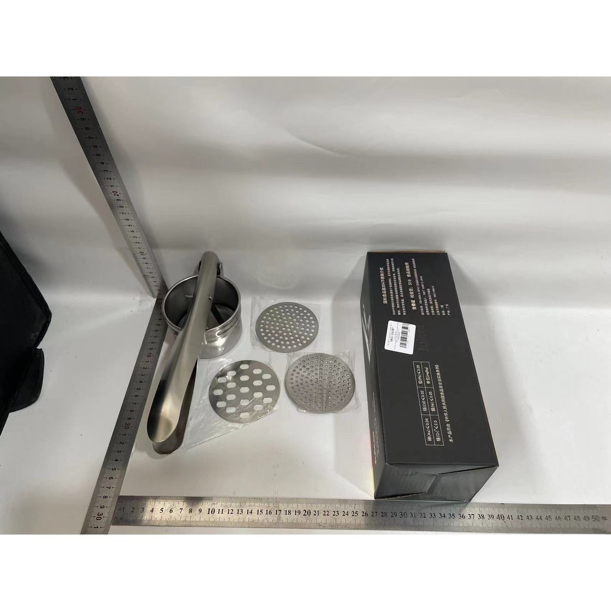 Presa Storcator Manual pentru Fructe si Legume, Zdrobitor de Cartofi cu Maner Ergonomic, Otel Inoxidabil, 3 Discuri Interschimbabile, 26.5 x 9.8 x 9.5 cm, Argintiu