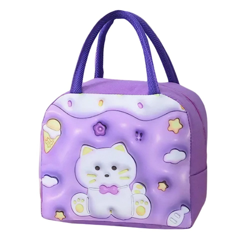 Geanta Frigorifica pentru Pranz Copii, Izolata Termic cu Desene Animate 3D, Portabila pentru Gradinita si Scoala, Panza Oxford, 23x13x19 cm, Model Pisicuta, Mov