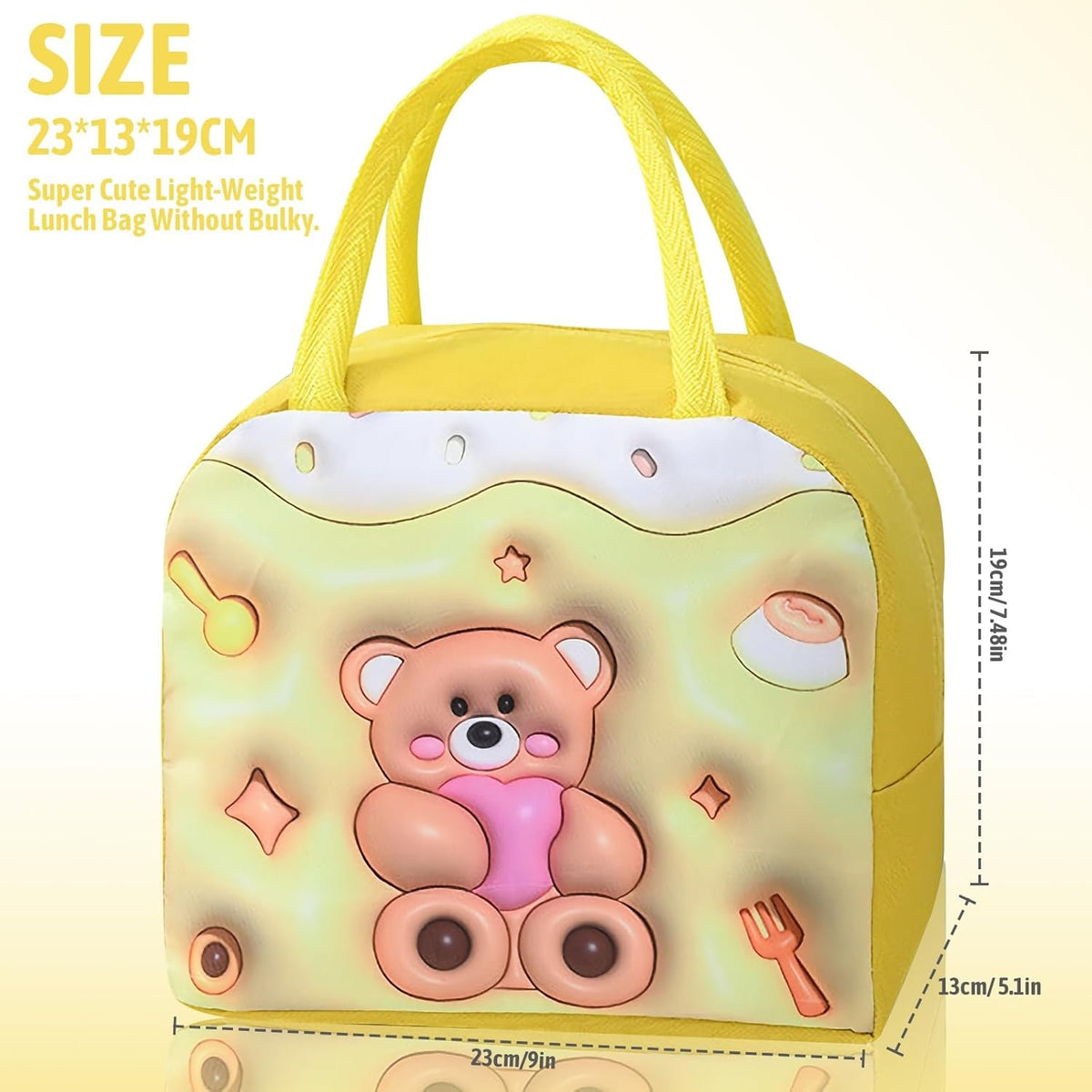 Geantă Frigorifică pentru Prânz, Izolată Termic cu Design 3D pentru Copii, Pânză Oxford, 23x13x19 cm, Model Ursulet, Galben