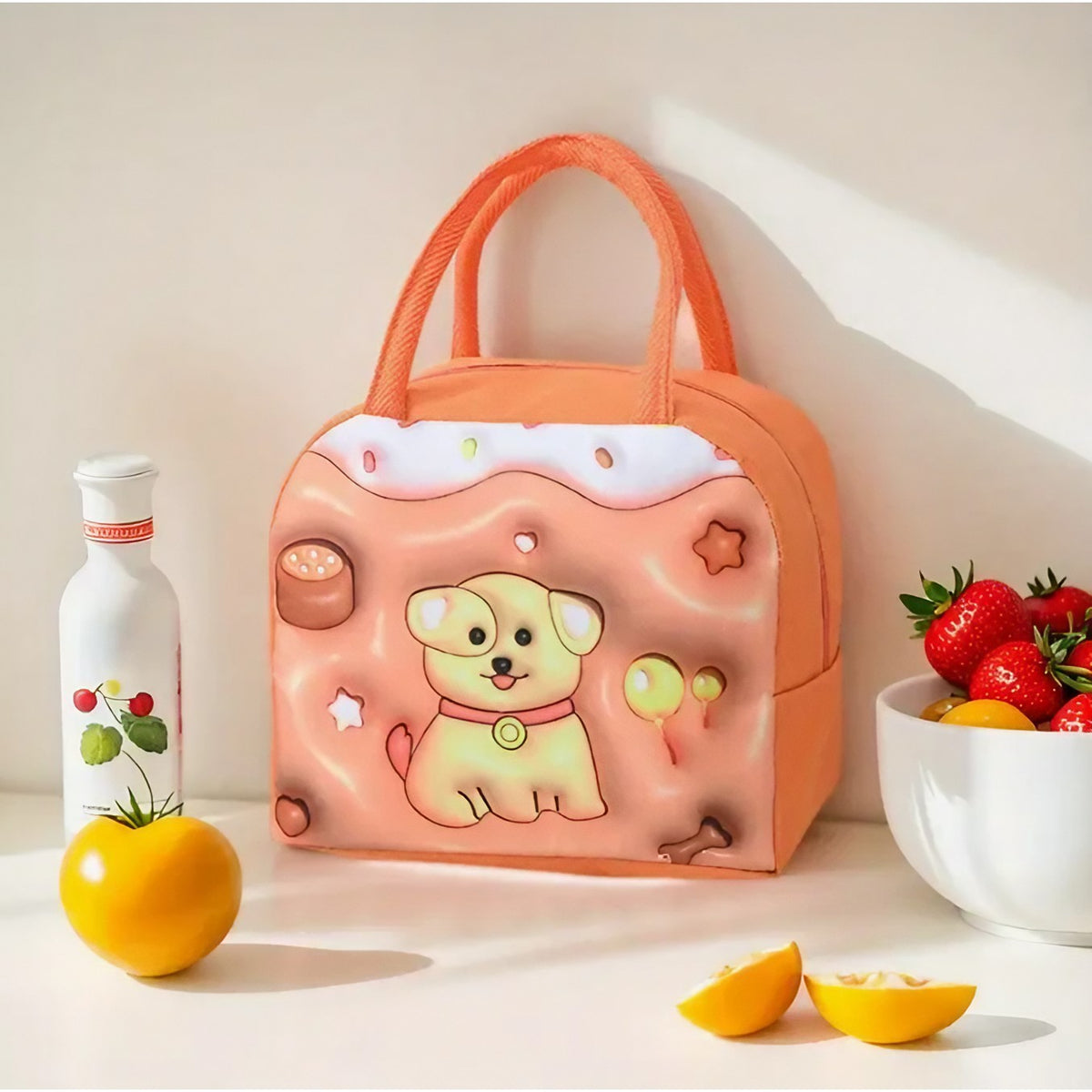 Geantă Frigorifică pentru Prânz, Termoizolantă cu Design 3D Animale, Portabilă pentru Copii, Pânză Oxford, 23x13x19 cm, Model Cățeluș, Maro