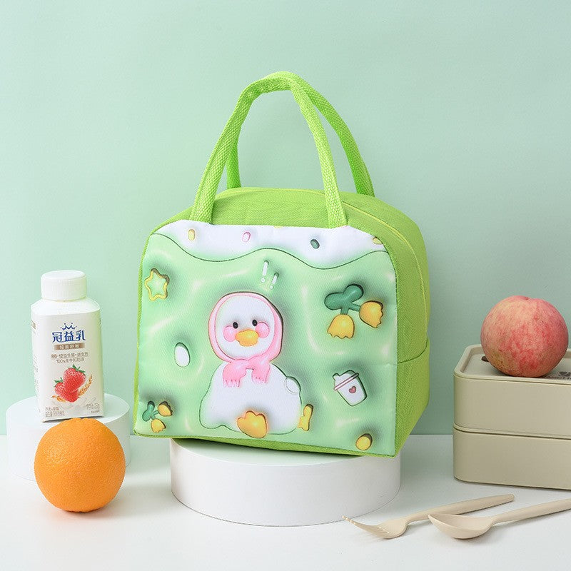 Geanta Frigorifica pentru Copii, Izolatie Termica si Desene Animate 3D, Portabila pentru Pranz, Panza Oxford, 23x13x19 cm, Model Ratusca, Verde