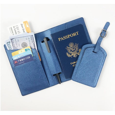 Portofel pentru Pasaport si Carduri, Set Calatorie cu Eticheta Bagaje si Suport Pix, Piele PU, Protectie Documente, Multifunctional, Unisex, 23x16 cm, Albastru