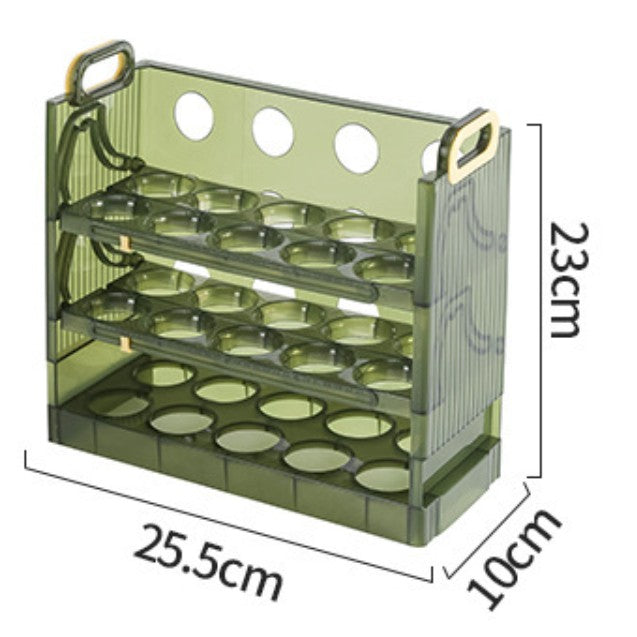Suport Organizator pentru Oua, pentru Frigider, Design Stratificat pe 3 Niveluri, Plastic Durabil cu Indicator Data Expirare, Capacitate 30 Oua, Verde Transparent, 25.5x10x23 cm
