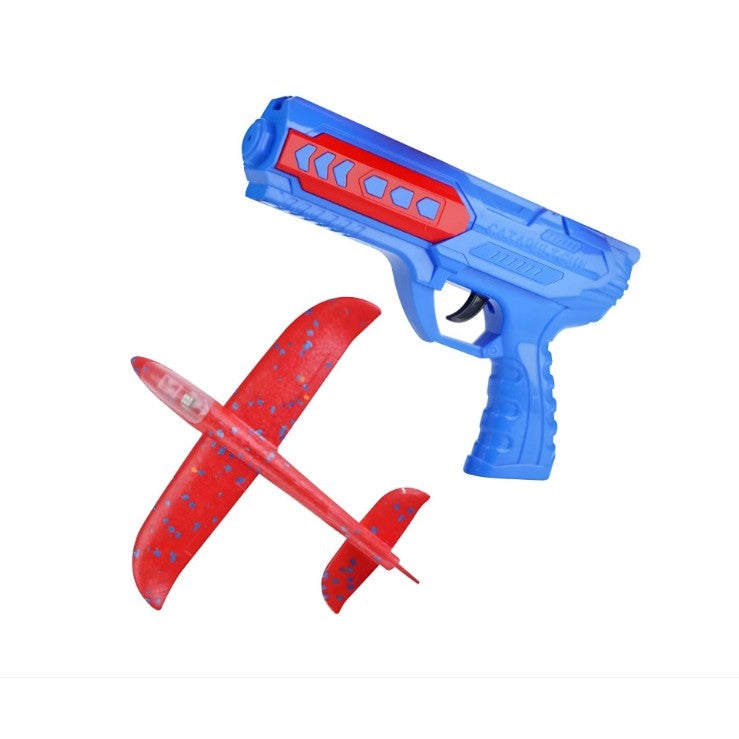 Pistol cu Lansator de Avion pentru Copii, Raza de Lansare 10 m cu Lumini, Plastic si Spuma PPE, 24 cm, Albastru/Rosu, 3+ Ani