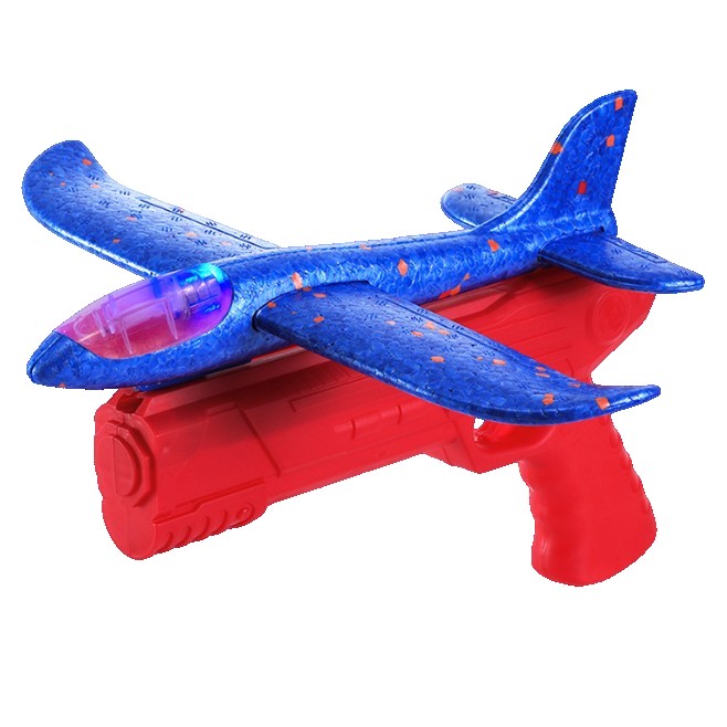 Pistol cu Lansator de Avion, Jucarie Interactiva cu Lumini si Roti, Distanta Lansare 10 m, Plastic si Polistiren, Avion 38 cm, Rosu/Albastru, +3 Ani