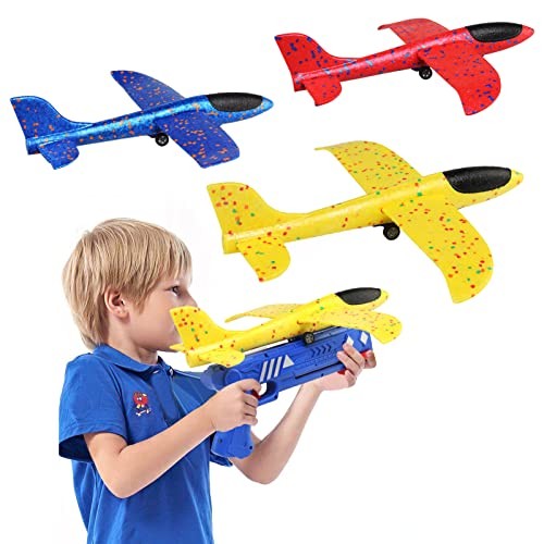 Pistol cu Lansator de Avion pentru Copii, Distanta Lansare 10 m, Efecte Luminoase si Roti, Material Plastic si Spuma PPE, 3+ Ani, 38 cm, Galben/Albastru
