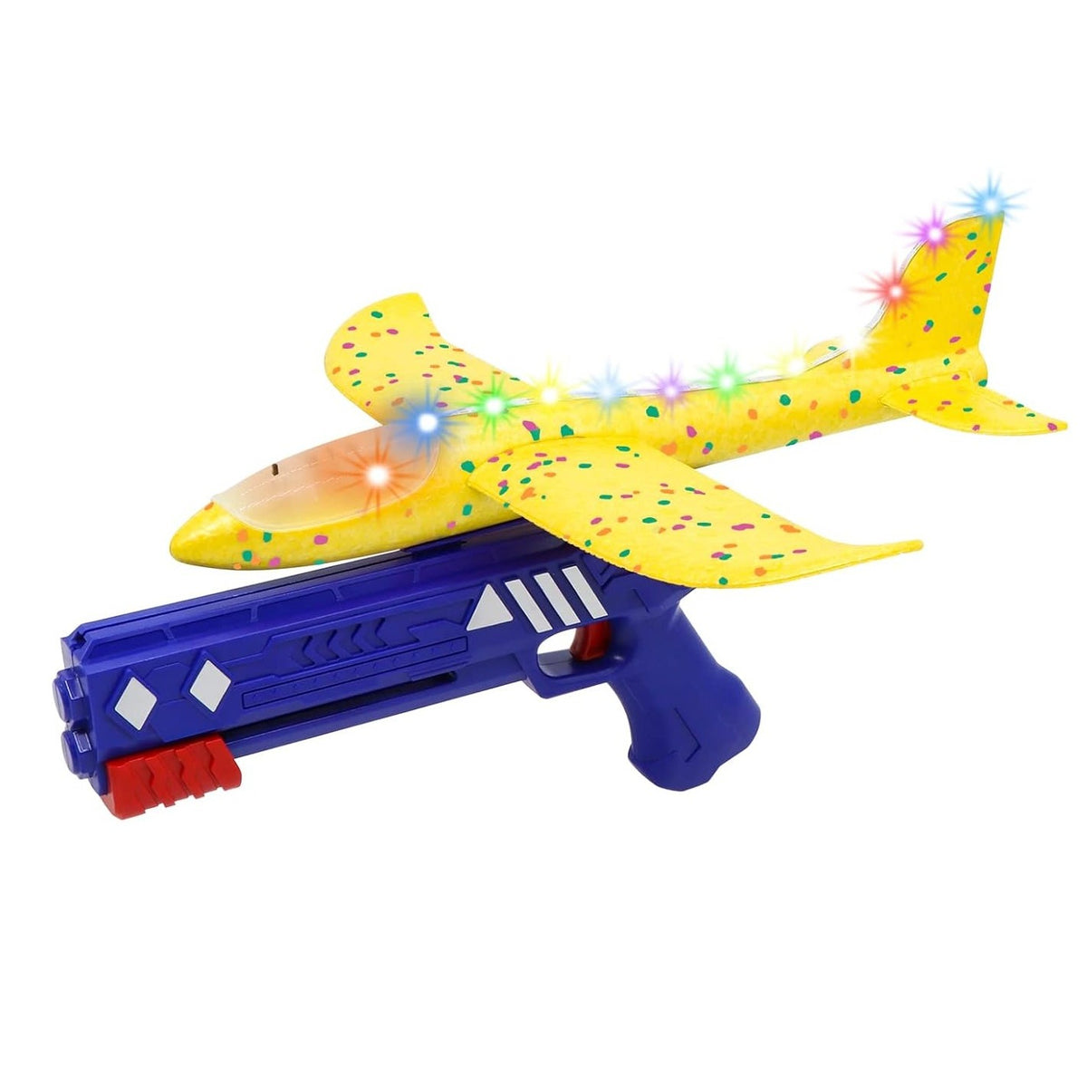 Pistol cu Lansator de Avion pentru Copii, Distanta Lansare 10 m, Efecte Luminoase si Roti, Material Plastic si Spuma PPE, 3+ Ani, 38 cm, Galben/Albastru