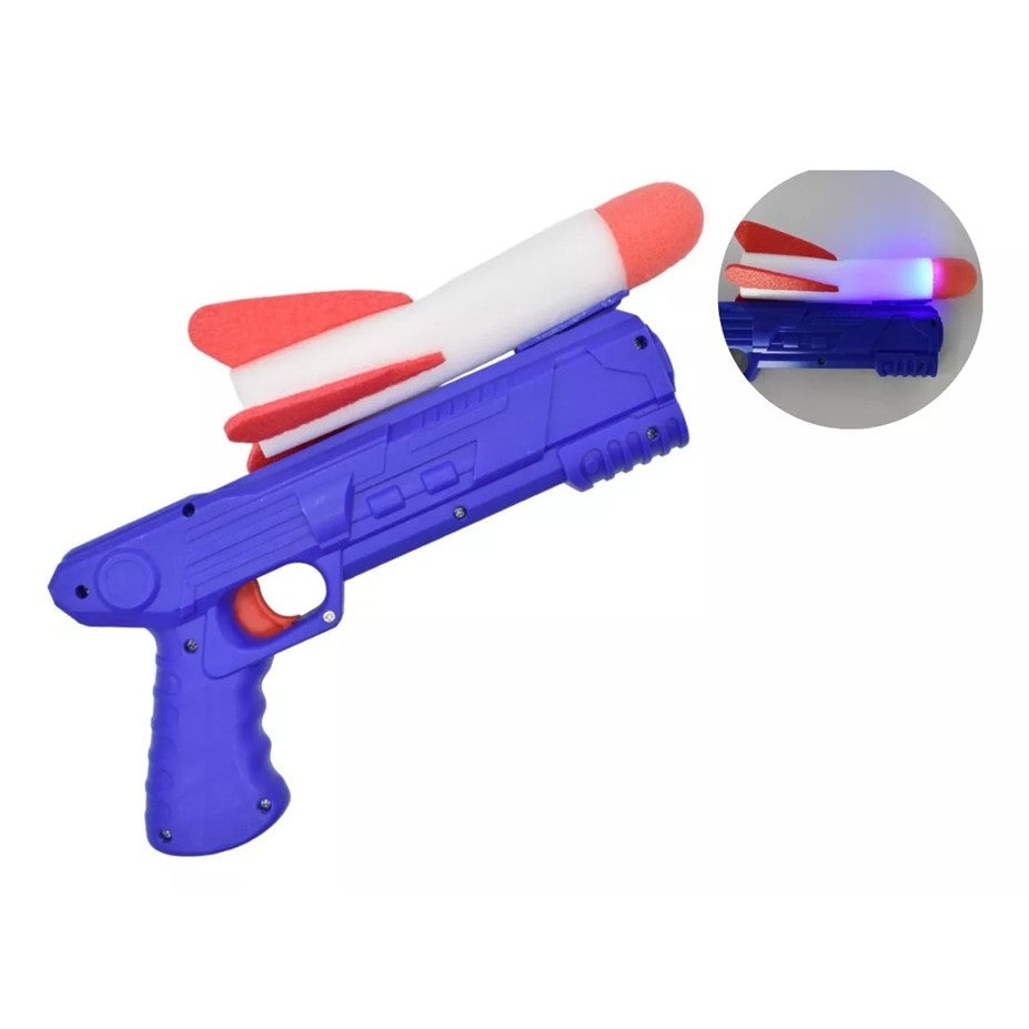 Pistol de Jucarie cu Lansator de Racheta, Lumina LED Interactiva, Plastic si Polistiren, Varsta +3 Ani, Albastru/Rosu