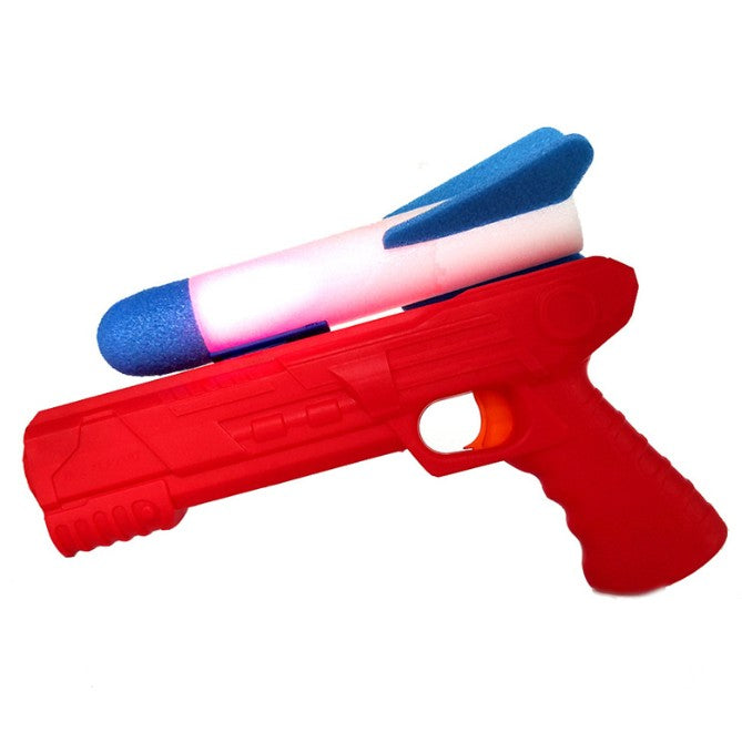 Pistol de Jucarie cu Lansator de Racheta, Efecte Luminoase LED, Material Polistiren si Plastic, Educativ si Interactiv, Varsta 3+ Ani, Rosu/Albastru