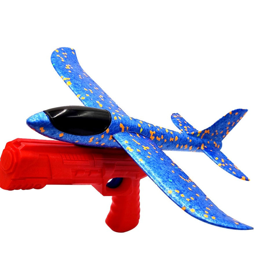 Pistol Cu Lansator De Avion, Jucarie Interactiva Pentru Copii, Distanta Lansare 10 m, Plastic Si Spuma PPE, Varsta +3 Ani, Avion 38 cm, Rosu/Albastru