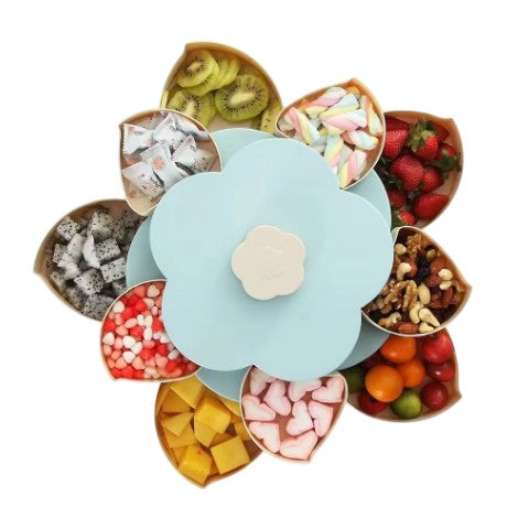 Tava pentru Servire Fructe si Snackuri, Organizator Rotativ cu 10 Compartimente, Design Floare cu 2 Niveluri, Plastic, 26 x 26 x 11.5 cm, Albastru
