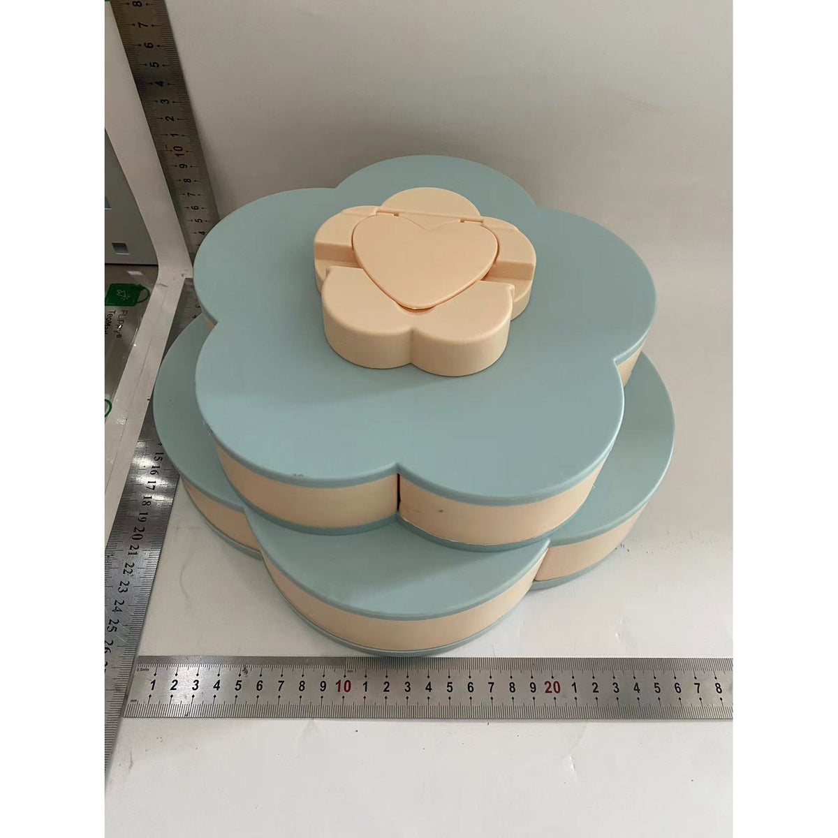 Tava pentru Servire Fructe si Snackuri, Organizator Rotativ cu 10 Compartimente, Design Floare cu 2 Niveluri, Plastic, 26 x 26 x 11.5 cm, Albastru