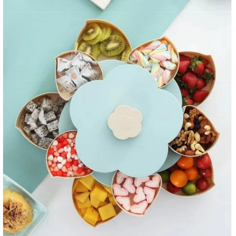Tava pentru Servire Fructe si Snackuri, Organizator Rotativ cu 10 Compartimente, Design Floare cu 2 Niveluri, Plastic, 26 x 26 x 11.5 cm, Albastru