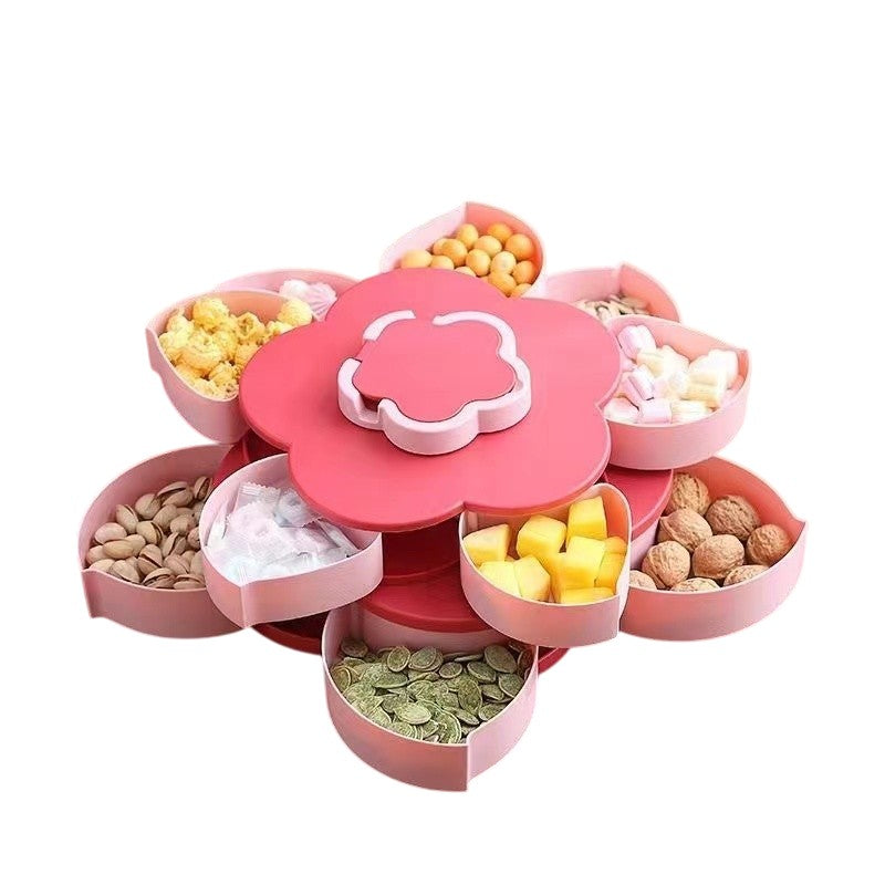 Tava pentru Servire Fructe si Snackuri, Organizator Rotativ cu 10 Compartimente, Design Floare pe 2 Niveluri, Plastic ABS, 26 x 26 x 11.5 cm, Roz