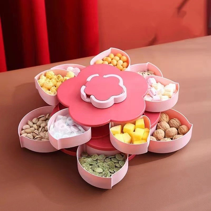 Tava pentru Servire Fructe si Snackuri, Organizator Rotativ cu 10 Compartimente, Design Floare pe 2 Niveluri, Plastic ABS, 26 x 26 x 11.5 cm, Roz
