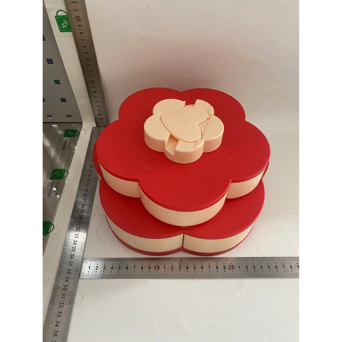 Tava pentru Servire Fructe si Snackuri, Organizator Rotativ cu 10 Compartimente, Design Floare pe 2 Niveluri, Plastic ABS, 26 x 26 x 11.5 cm, Roz