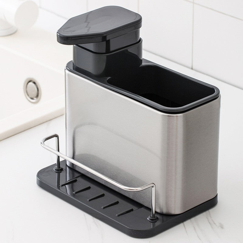 Dispenser Multifunctional Pentru Detergent Si Sapun Lichid, Dozator Cu Suport Pentru Ustensile De Bucatarie, Plastic, 18.5 x 18 x 12.8 cm, Negru