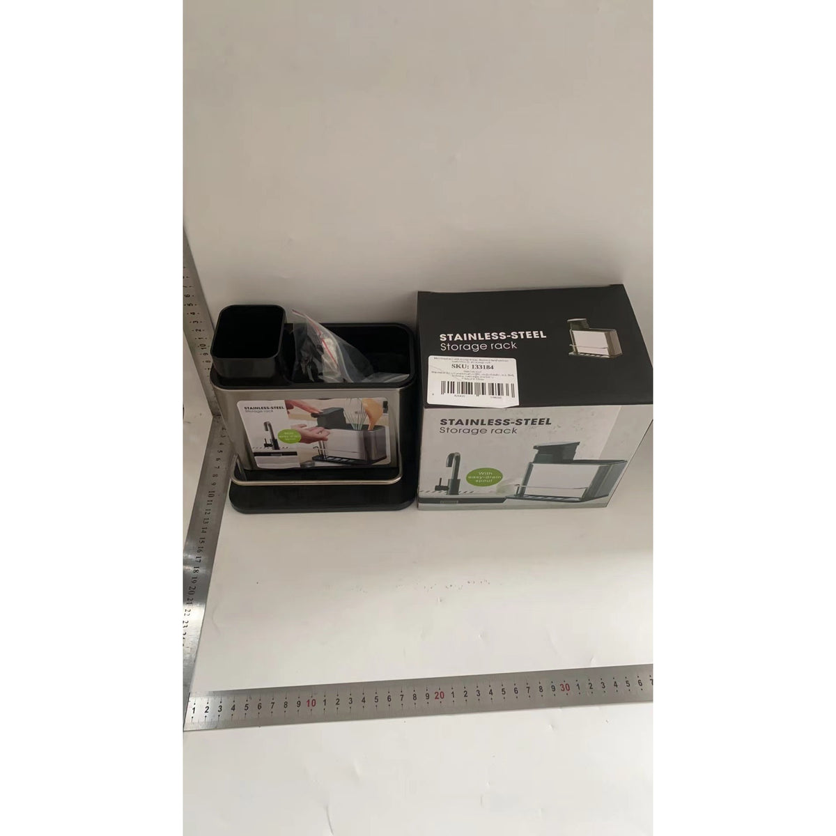 Dispenser Multifunctional Pentru Detergent Si Sapun Lichid, Dozator Cu Suport Pentru Ustensile De Bucatarie, Plastic, 18.5 x 18 x 12.8 cm, Negru