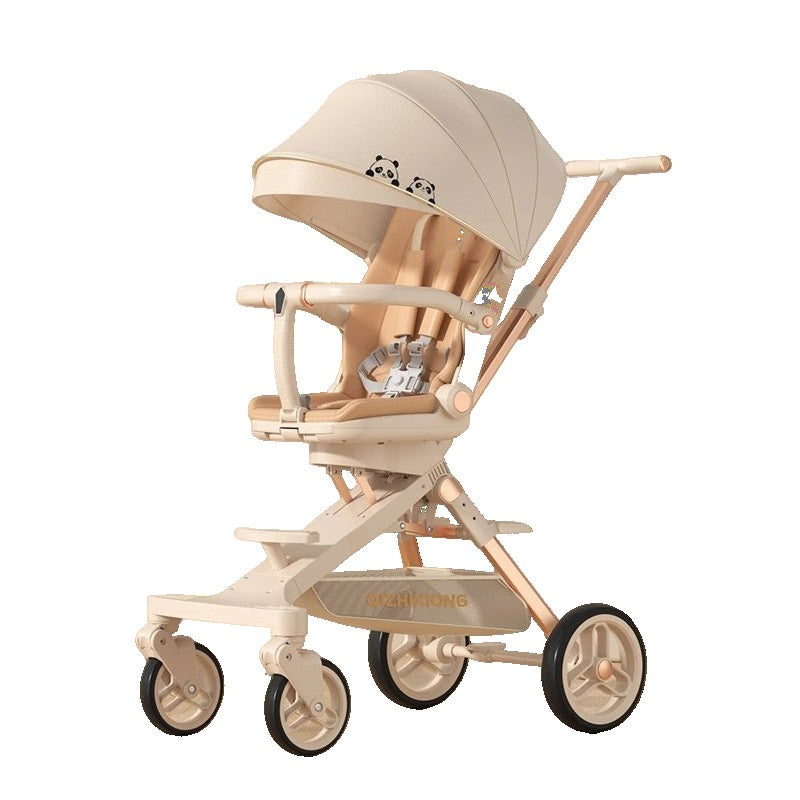 Cărucior Sport 3 în 1, Scaun Masă și Pat Dormit, Sezut Rotativ 360 Grade, Pliabil, Cadru Aluminiu, 6-36 Luni, Crem/Panda, 64 x 35 x 100 cm