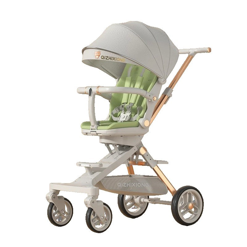 Carucior Sport 3 in 1, Scaun de Masa si Pat de Dormit, Pliere Rapida, Sezut Rotativ 360 Grade, Cadru Aluminiu, 6-36 Luni, Gri/Verde