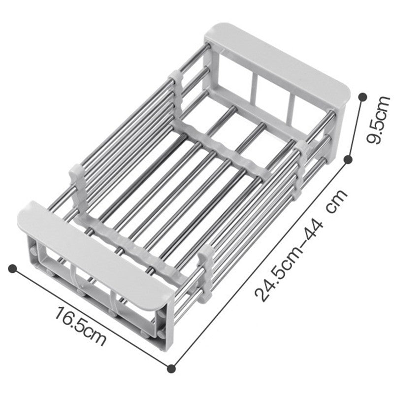 Suport Scurgere Extensibil pentru Bucatarie, Uscator Vase si Tacamuri, Organizator Fructe si Legume, Otel Inoxidabil, 24.5 x 16.5 x 9.5 cm, Gri Deschis