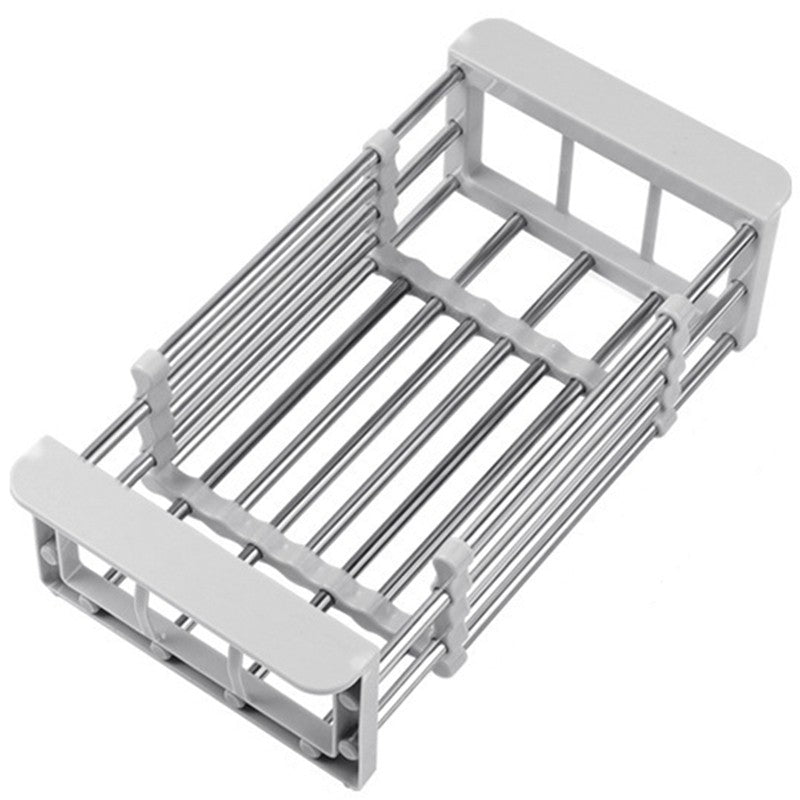 Suport Scurgere Extensibil pentru Bucatarie, Uscator Vase si Tacamuri, Organizator Fructe si Legume, Otel Inoxidabil, 24.5 x 16.5 x 9.5 cm, Gri Deschis
