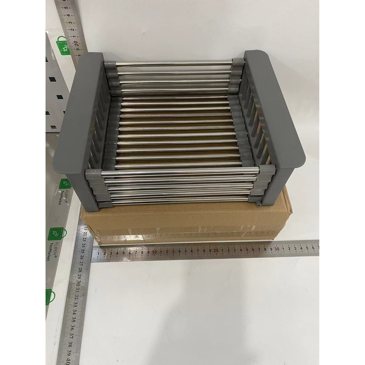 Suport Scurgere Vase Extensibil pentru Bucatarie, Uscator Chiuveta pentru Tacamuri si Fructe, Otel Inoxidabil, Rezistent la Coroziune, 29 x 22 x 9.5 cm, Gri