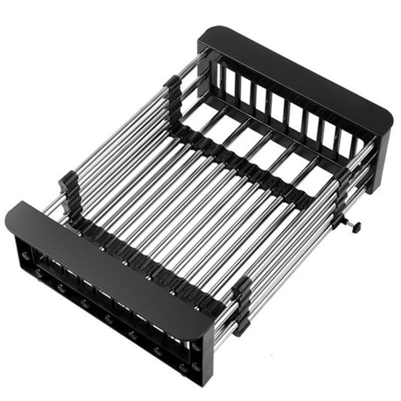 Suport Scurgere Extensibil pentru Bucatarie, Uscator Vase si Fructe, Otel Inoxidabil, Suport Tacamuri, 29 x 22 x 9.5 cm, Negru
