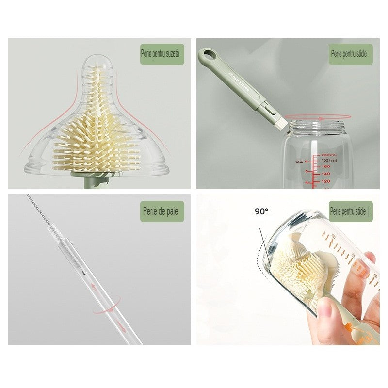Set Curatare Biberoane si Accesorii, Kit Portabil cu Suport de Uscare si Cutie Depozitare, Peri din Silicon si TPE, 7 Piese, 20 x 9.5 cm, Portocaliu