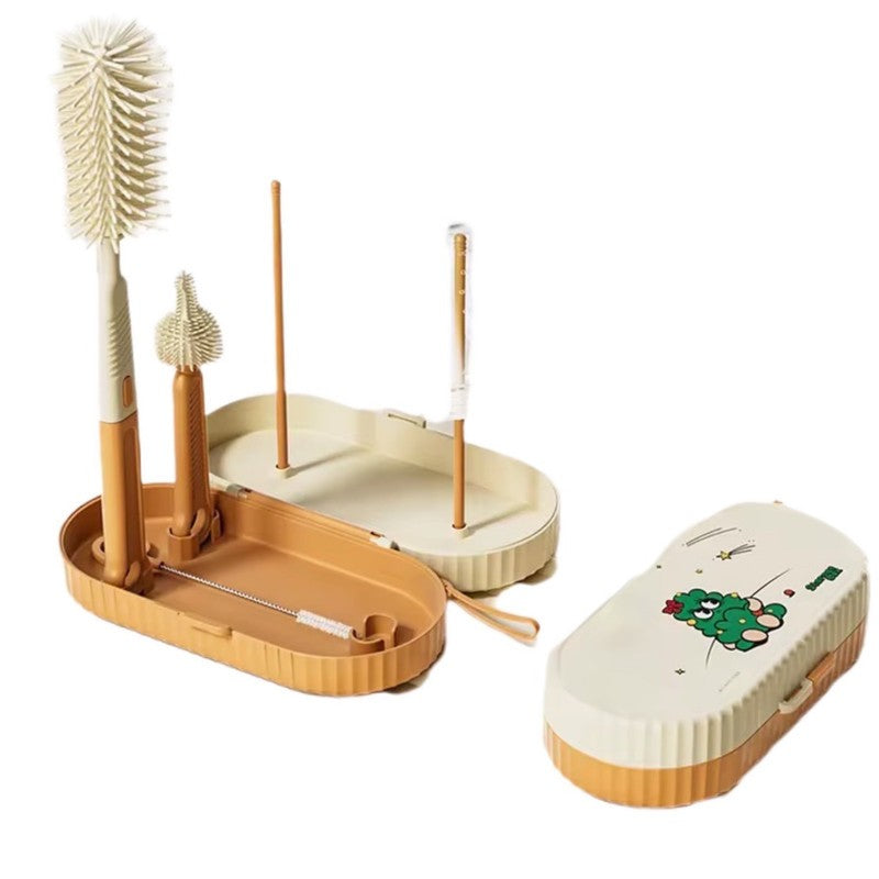 Set Curatare Biberoane si Accesorii, Kit Portabil cu Suport de Uscare si Cutie Depozitare, Peri din Silicon si TPE, 7 Piese, 20 x 9.5 cm, Portocaliu