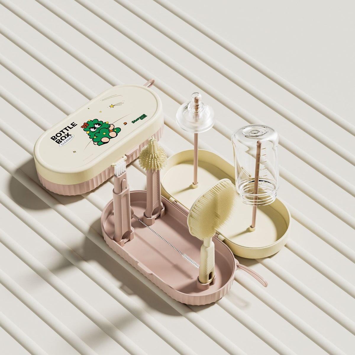 Set Curatare Biberoane si Accesorii, Kit Portabil cu Suport de Uscare, Peri din Silicon si ABS, Cutie Organizatoare Inclusa, 7 Piese, 20 x 9.5 cm, Roz