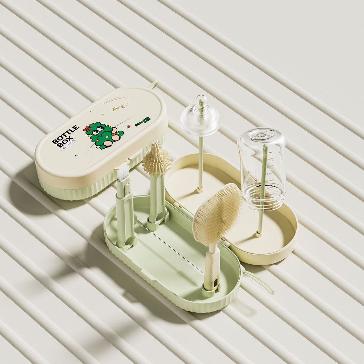 Set Curatare Biberoane si Tetine Portabil, Perii Silicon cu Suport de Uscare si Cutie Depozitare, 7 Piese, Verde, 20 x 9.5 cm